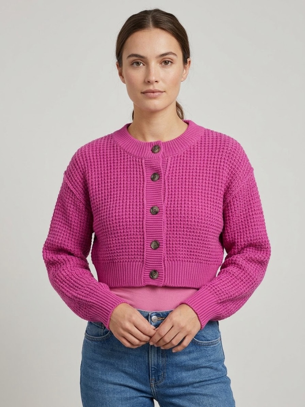 Free People Chunky Knit Cropped Cardigan Crewneck Button Front Sweater preppy